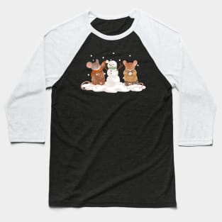 Snowy Winter Cottagecore Mice Building a Snowman Baseball T-Shirt